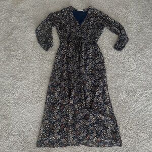 Natural Life Navy Brown Gold Paisley Button down waist tie maxi dress size s